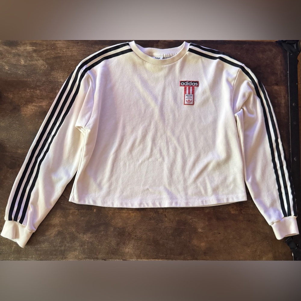 Vintage Adidas White Crewneck with Black Stripes